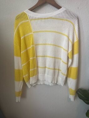Yellow & White Striped Open-Knit Crew Sweater